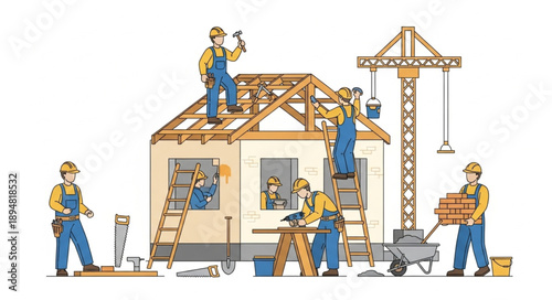Construction workers building a house on a white background.