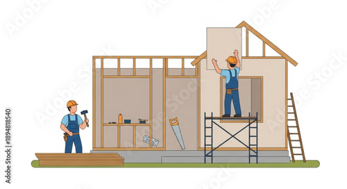 Construction workers building a house on a white background.