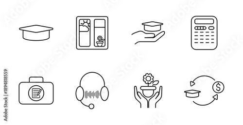 Education and school set icon. Graduation cap, timetable, calculator, learning materials, headset, lecture notes, academic investment, plant pot
