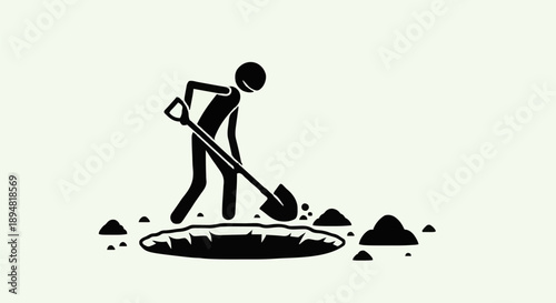 Stick figure digging a hole with a shovel.