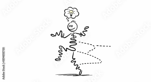 Stick figure character with a bright idea lightbulb in thought bubble.