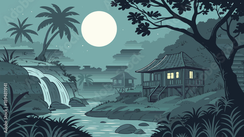 A serene vector illustration of a tropical village at night with a full moon