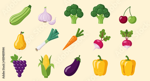 Assorted colorful vegetables and fruits in a grid pattern.