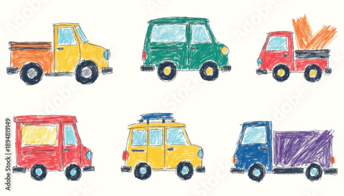 A charming collection of six hand-drawn vehicles, rendered in a playful, crayon-like style, featuring a variety of colors and types.