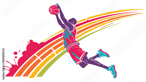 A colorful illustration of a basketball player in mid-air, dunking a ball with motion lines and vibrant colors.
