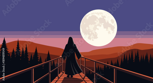Mysterious figure walking on a bridge under the full moon.