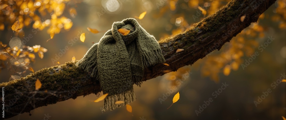 Fototapeta premium Long green knitted scarf featuring fringe and moss-like grass fur, draped on a tree branch in autumn forest, an accessory in a nature-inspired collection, soft chunky knitwear with yellow leaves