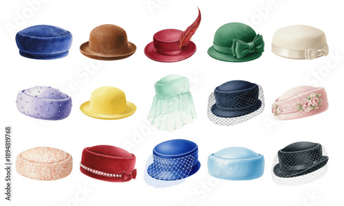 Watercolor set of vintage womens hats and pillbox headwear