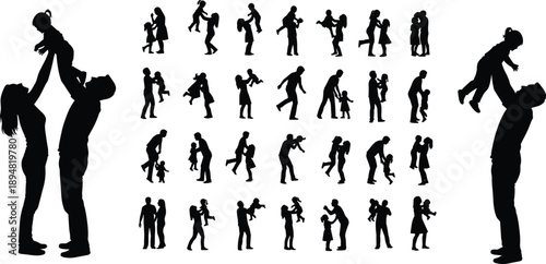 Large collection of black silhouettes of parents playing with children, mother and father lifting kids, family bonding icons, isolated vector.