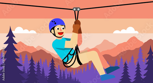 Cartoon man enjoying ziplining in a scenic mountain landscape.