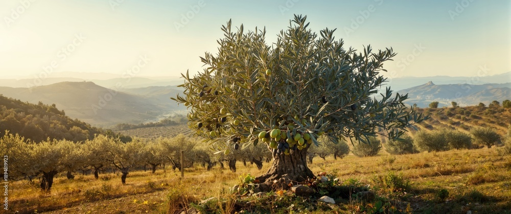 Fototapeta premium Olive trees in a field bearing olives for consumption and oil extraction
