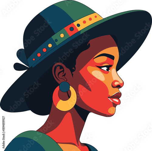 Side profile vector illustration of stylish Black woman wearing hat