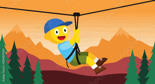 Happy cartoon character enjoying a zipline adventure in the mountains.