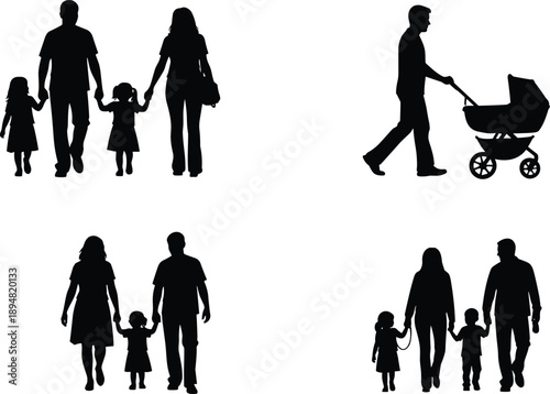 Black silhouette of family set with parents walking children, father pushing baby stroller, mother holding hands with kids, isolated vector.