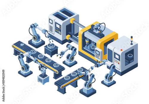 Industrial manufacturing process illustration featuring robotic arms and machinery in a factory setting viewed from an isometric perspective