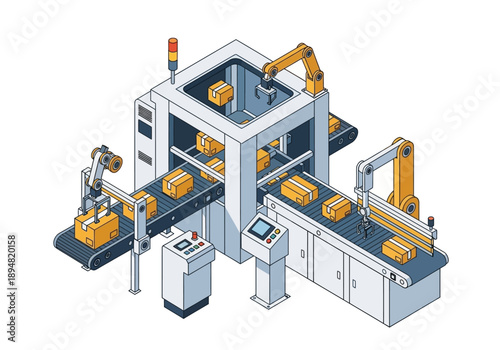 Industrial manufacturing facility with robotic arms and automated machinery in operation from an isometric viewpoint