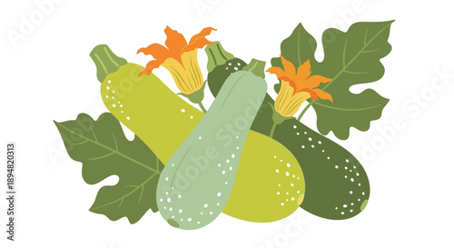 Illustration of various green zucchinis with leaves and flowers.