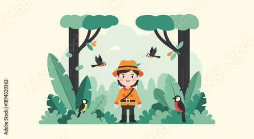 Cartoon forest ranger surrounded by birds and lush greenery.
