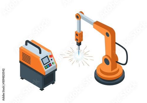 Industrial robotic arm in action with control unit nearby, showcasing automated manufacturing process and modern technology