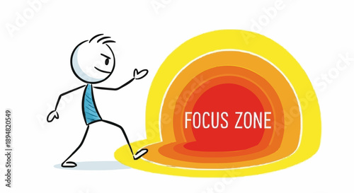 Stick figure entering a bright focus zone with concentric circles.