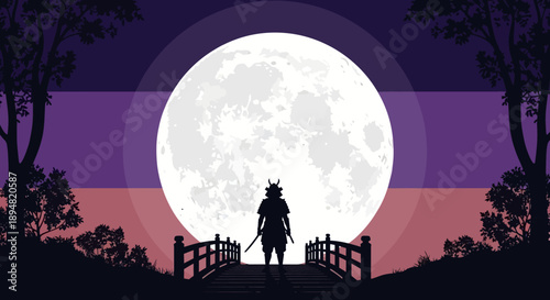Silhouette of a person standing on a bridge under a full moon with a bisexual pride flag background.