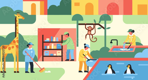 Zoo staff maintaining cleanliness and caring for animals in a vibrant zoo environment.