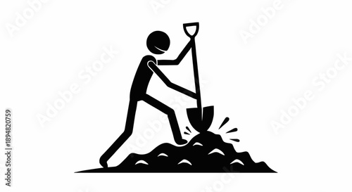 Stick figure digging in a pile of dirt with a shovel.