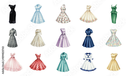 Watercolor set of vintage 1950s style dresses
