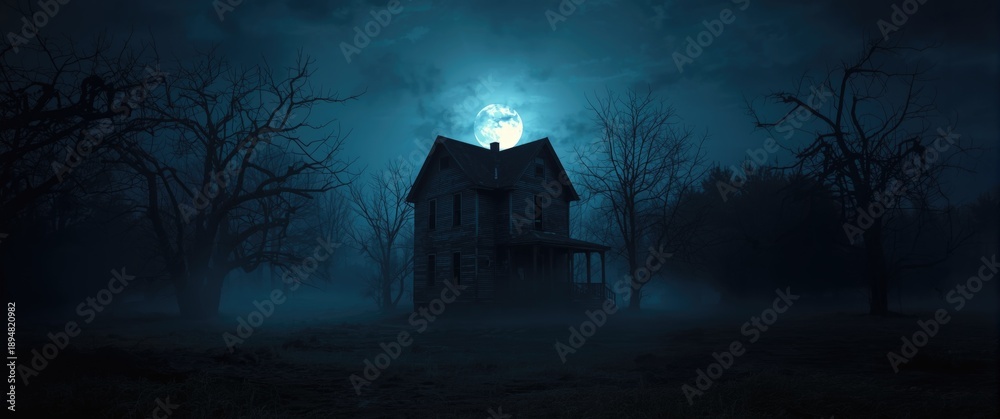 Naklejka premium Haunted mansion lurking in the swamp under a full moon