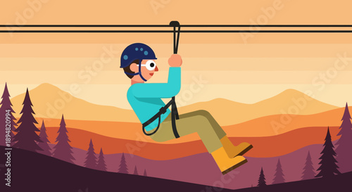 Man enjoying ziplining adventure in the mountains at sunset.