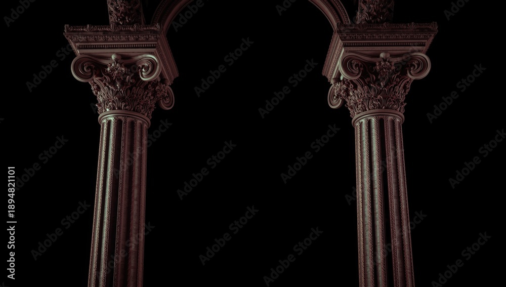 Fototapeta premium Ornate plaster embellishments on column capitals with a black backdrop, serving as architectural accents, World Architecture Day
