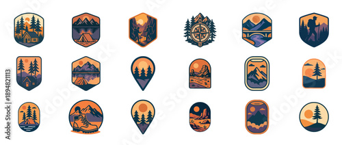 Retro outdoor adventure badges with mountains, forests, and hiking themes