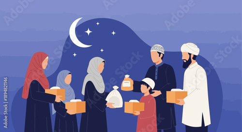 Muslim family giving charity during Ramadan under crescent moon.