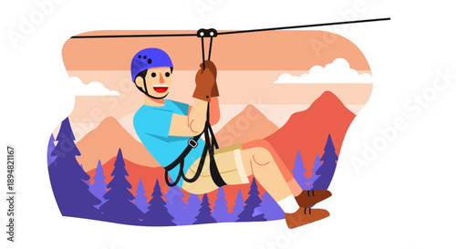 Man enjoying ziplining adventure in mountainous landscape.