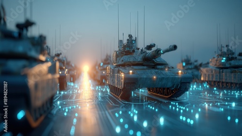 Future war concept.futuristic tank cyber war armored vehicle digital battlefield science fiction night glowing light technology combat army Futuristic tank column digital battlefield with glowing