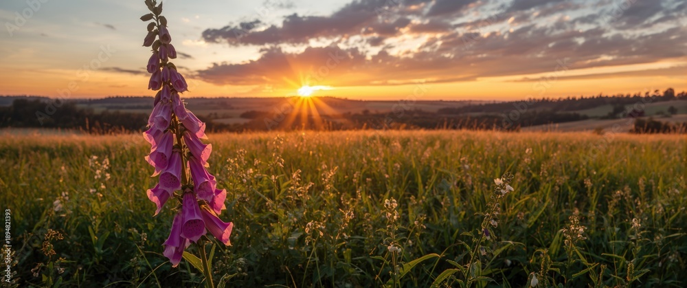 Obraz premium Meadow scene in Poland featuring a Purple foxglove at sunset