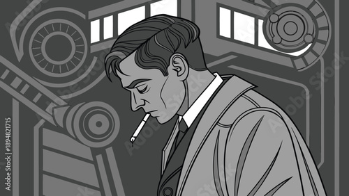A gray scale illustration of a man smoking in a futuristic setting