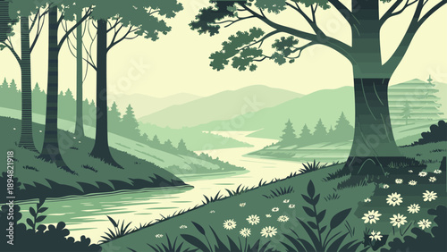 A serene vector illustration of a river flowing through a green landscape
