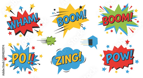 Vibrant Comic Book Speech Bubbles with Onomatopoeic Words.