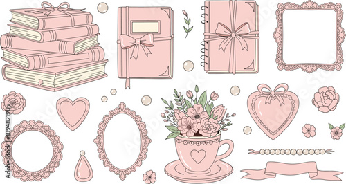 Cute Pastel Books and Decorative Elements Flat Vector Illustration Set with Frames Hearts Flowers and Stationery