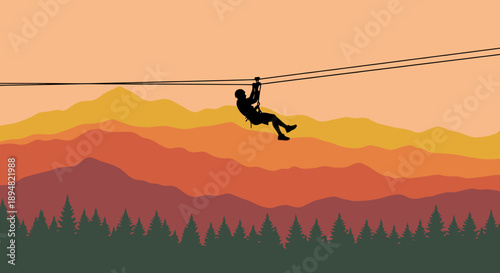 Person ziplining over mountains at sunset with forest below.