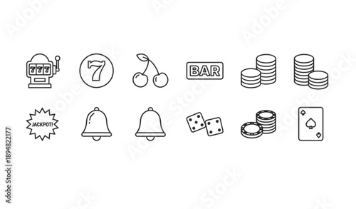 Casino Slot Simple Outline Icon Set Vector Clipart