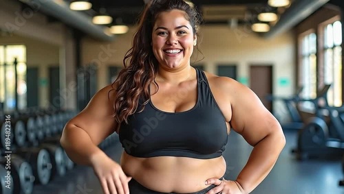 Confident young woman smiling in fitness center, showcasing determination and strength. Fighting excess weight, results, thumbs up. Represents themes of body positivity, health, and wellness.