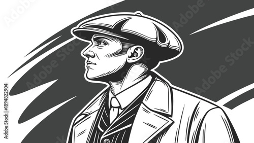 A black and white illustration of a man wearing a flat cap