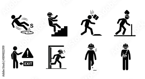 Collection of safety warning icons depicting accidents and hazards.