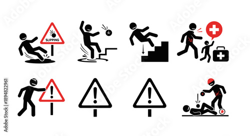 Collection of safety warning icons depicting accidents and hazards.