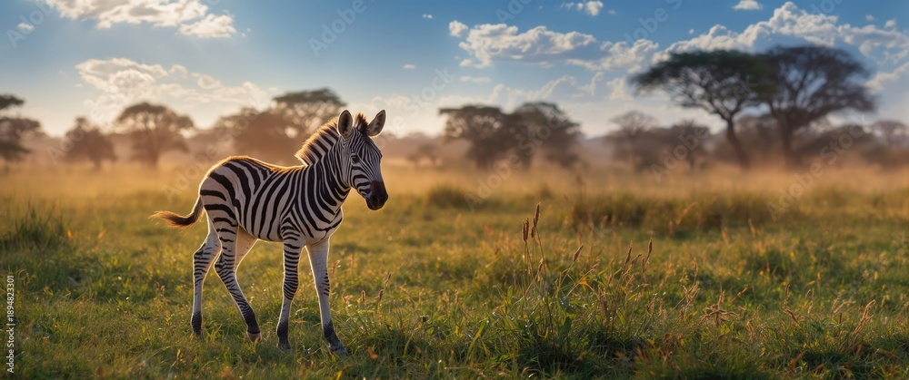 Fototapeta premium Zebra Foal Bathed in Morning Light