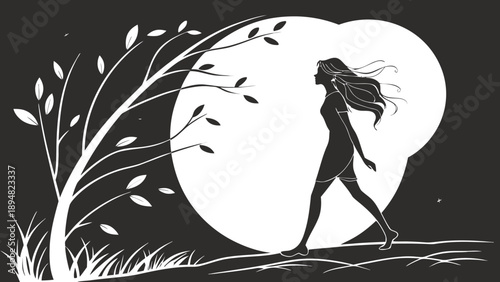 A minimalist vector illustration of a woman walking under the moonlight