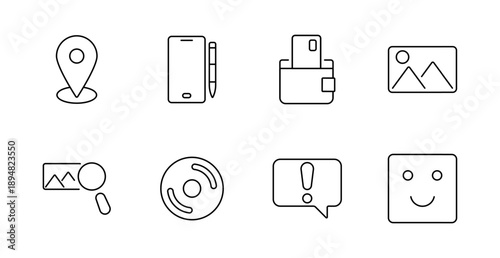 Digital tool and content set icon. Pin on base, phone with pen, wallet with card, landscape, image search, disc, alert bubble, emoji face drawn in outline for app, photo, and UI themes.