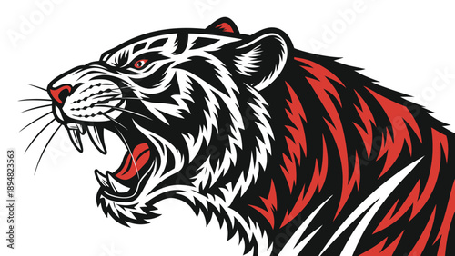 A fierce tiger head illustration with open mouth and sharp teeth